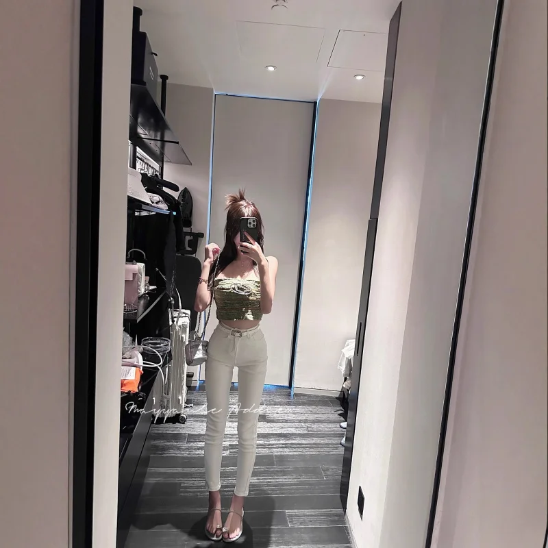 

Korean-style white one-button slim-fit skinny jeans, basic style, fashionable, comfortable, versatile, high-end pencil pants for