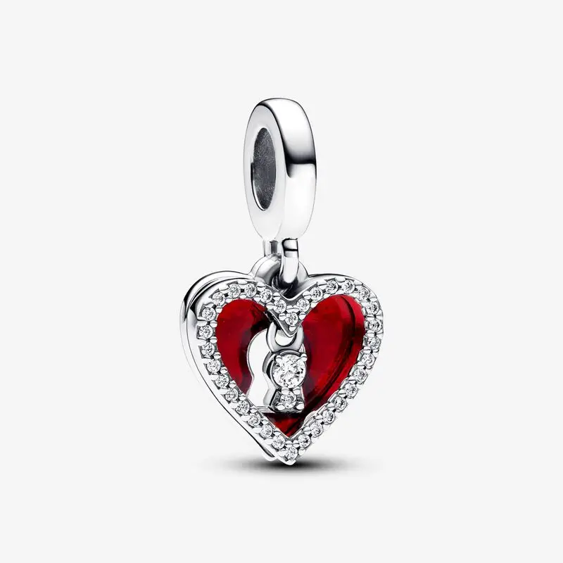 

925 Sterling Silver Red Heart & Keyhole Double Dangle Charm beads Fits Original Pandora bracelets Jewelry Making 2024