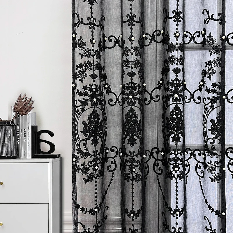 

French High-End Pearl Gauze Curtain, Black Sheer Curtain For Luxury Living Room, Bedroom, Balcony Partition, Window Curtain