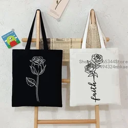 Christian Faith Floral Canvas Tote Bag Women Vintage Rose Shopping Shoulder Bags Flower Plant Graphic Lightweight Travel Handbag