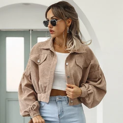 Autumn Cropped Corduroy Jackets Overcoat Single Breasted Lantern Sleeve Coats Women Fashion Vintage Winter Women Jacket 18047