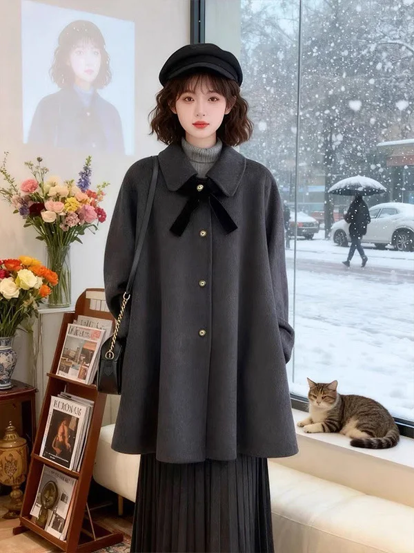 

plus Size Thiened Autumn Winter Coat for Women with Stand Collar Knot A-Line Woolen Coat Warm And Sli