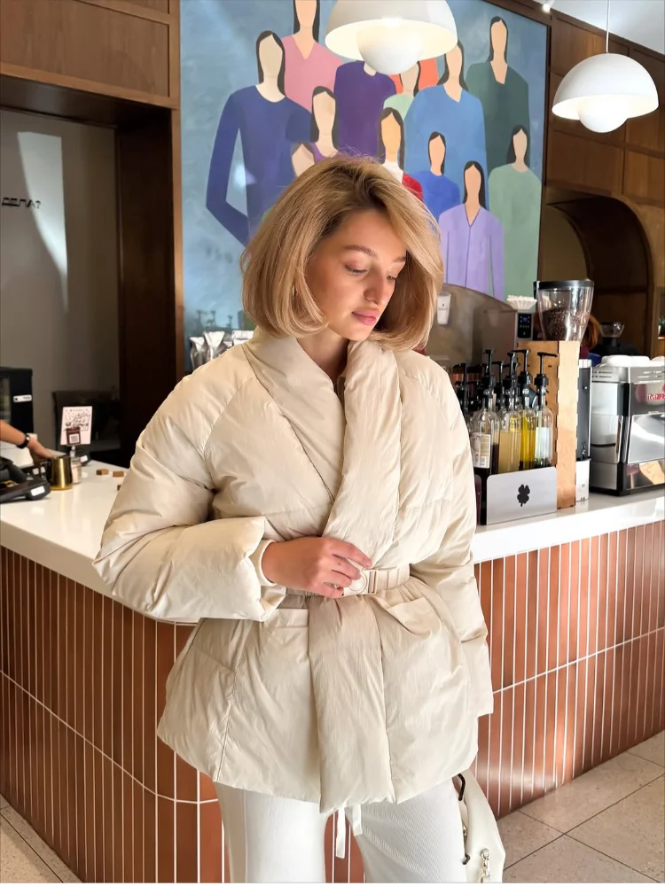 

Women White Cotton Loose Coat Chic Solid V-neck Long Sleeve Pocket With Belt Jacket Lady Winter Daily Commute Street Coats