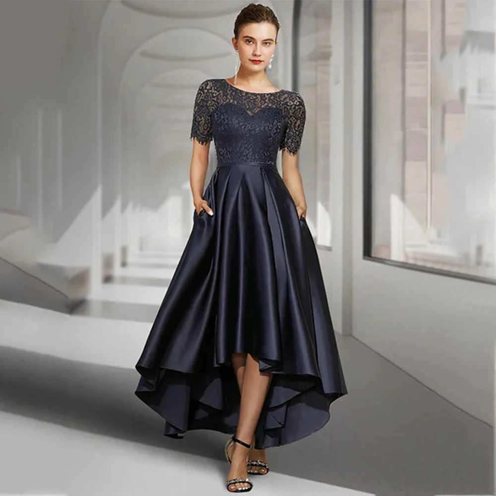 

Navy Blue Lace Mother of the Bridal Dresses Round Neck Short Sleeve Satin Waistband Irregular Front Section Back Ankle Length