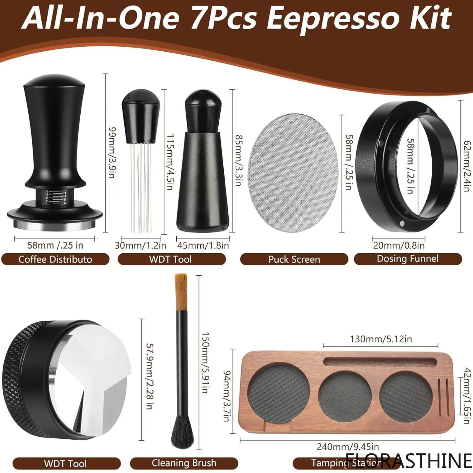 7pcs Coffee Tamper 58mm Coffee Powder Press Tamping Set Machine Espresso Including Press Dosing Ring Pad Dispenser