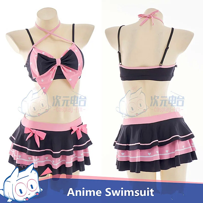 

Anime Women Cosplay Love Lovely Split Swimsuit Black Pink Bow Summer Sexy Bikini Swimwear for Girls 2022 Sizes S-XL