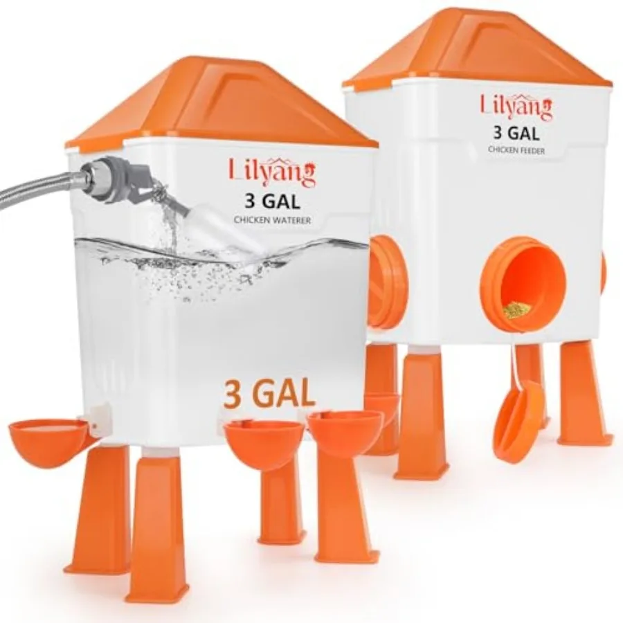 Automatic Chicken Waterer and Feeder 3 Gallon, Auto-Refill Chicken Waterer with Float Valve, Anti-Spill Feeder and Leak-Proof C