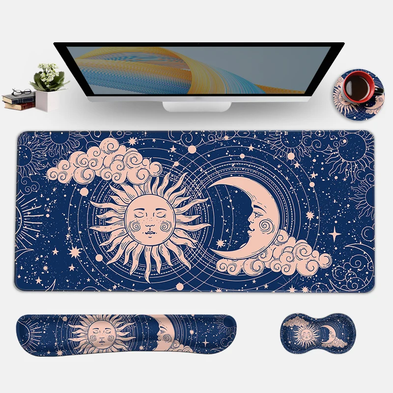 Blue Sun & Moon Mouse Pad Wrist Rest 4-piece set - ergonomic design, effective relief wrist pain, soft and comfortable