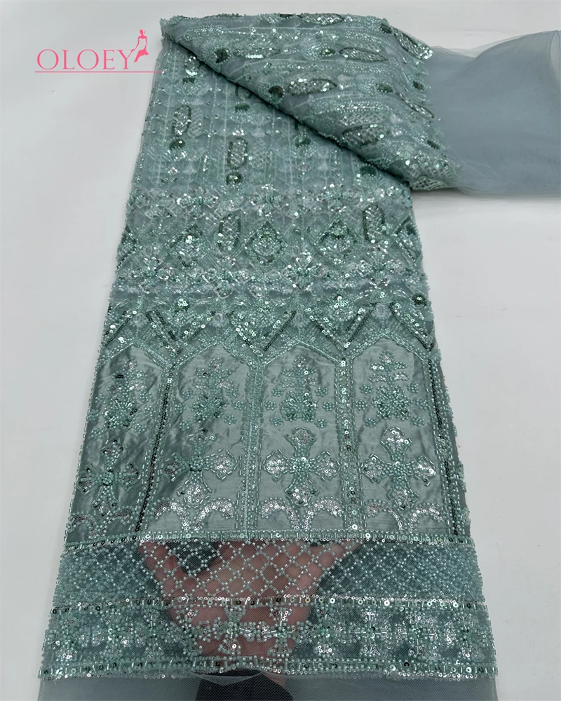 OLOEY African Sequins Lace Fabrics Fashion Nigerian Embroidery Beaded Tulle Lace Fabric High Quality For Sewing Cloth Party Dres