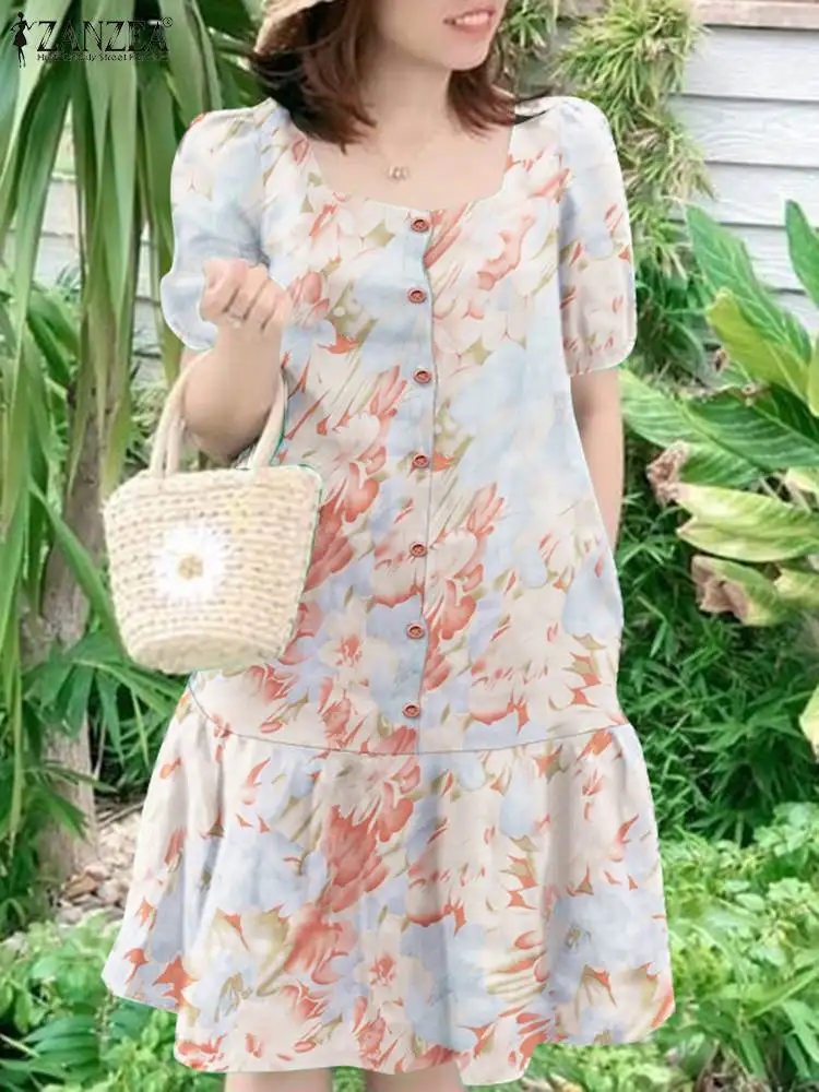 

ZANZEA Summer Elegant Knee-length Vestidos Ruffled Hem Puff Sleeve 2024 Fashion Women Dress Floral Print Square Neck Sundress