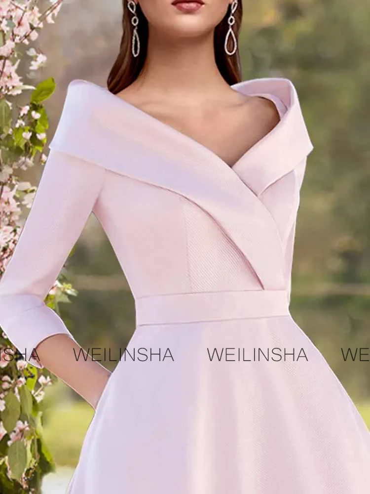 클래스 웨딩 엄마 드레스 새틴 A라인 칵테일 파티 드레스 라벤더 V넥 포켓 주름 크리스크로스 프롬 드레스 미디 2025