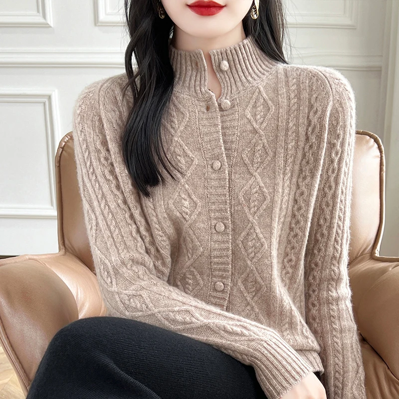 Autumn and Winter New Stand up Cashmere Cardigan Women\'s 100% Pure Wool Loose Fashion Sweater Casual Knitted Long Sleeve Top