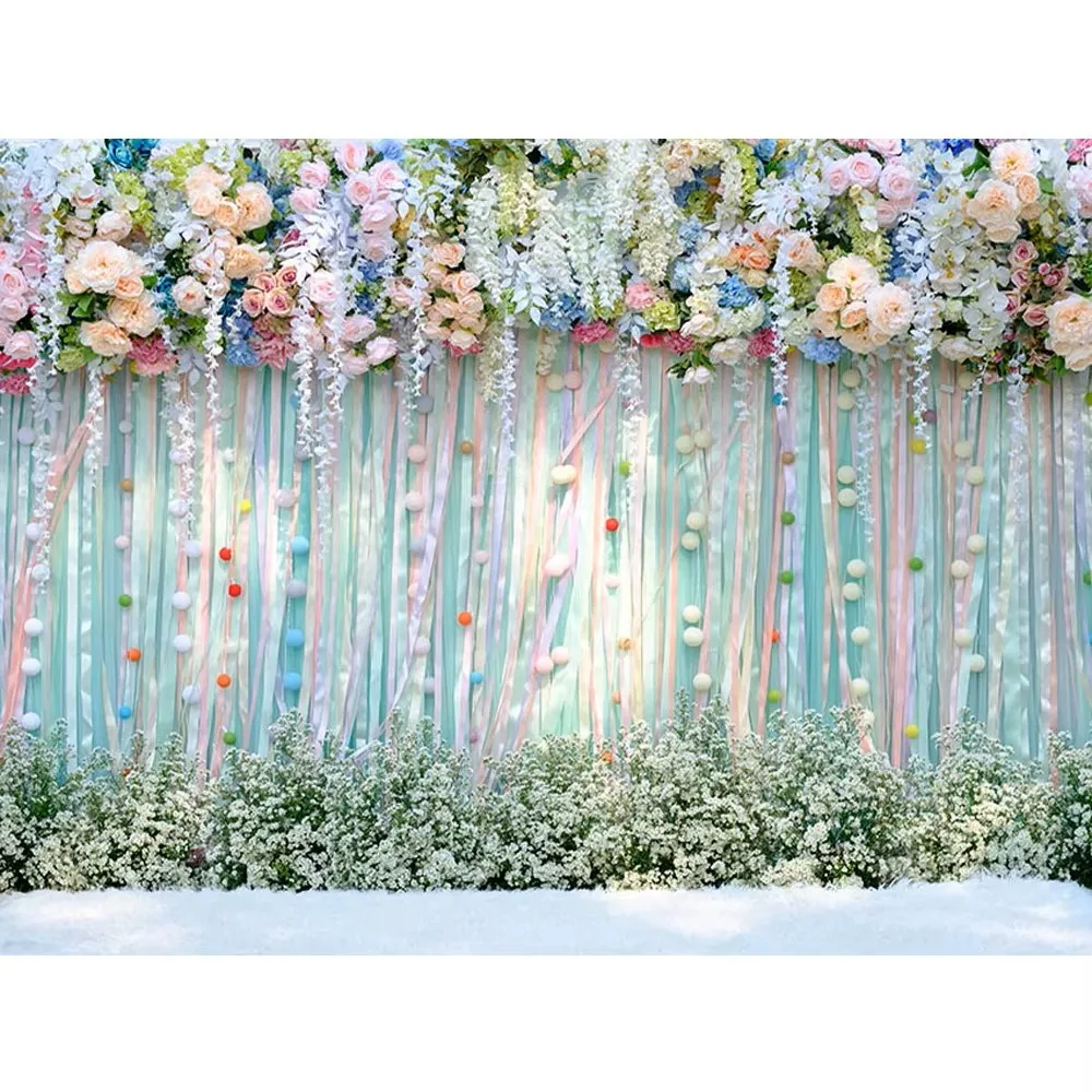 

Floral Curtain Wedding Photography Backdrops Cloth Flower Blossoms Balls Ribbons Princess Girl Birthday Party Photo Background