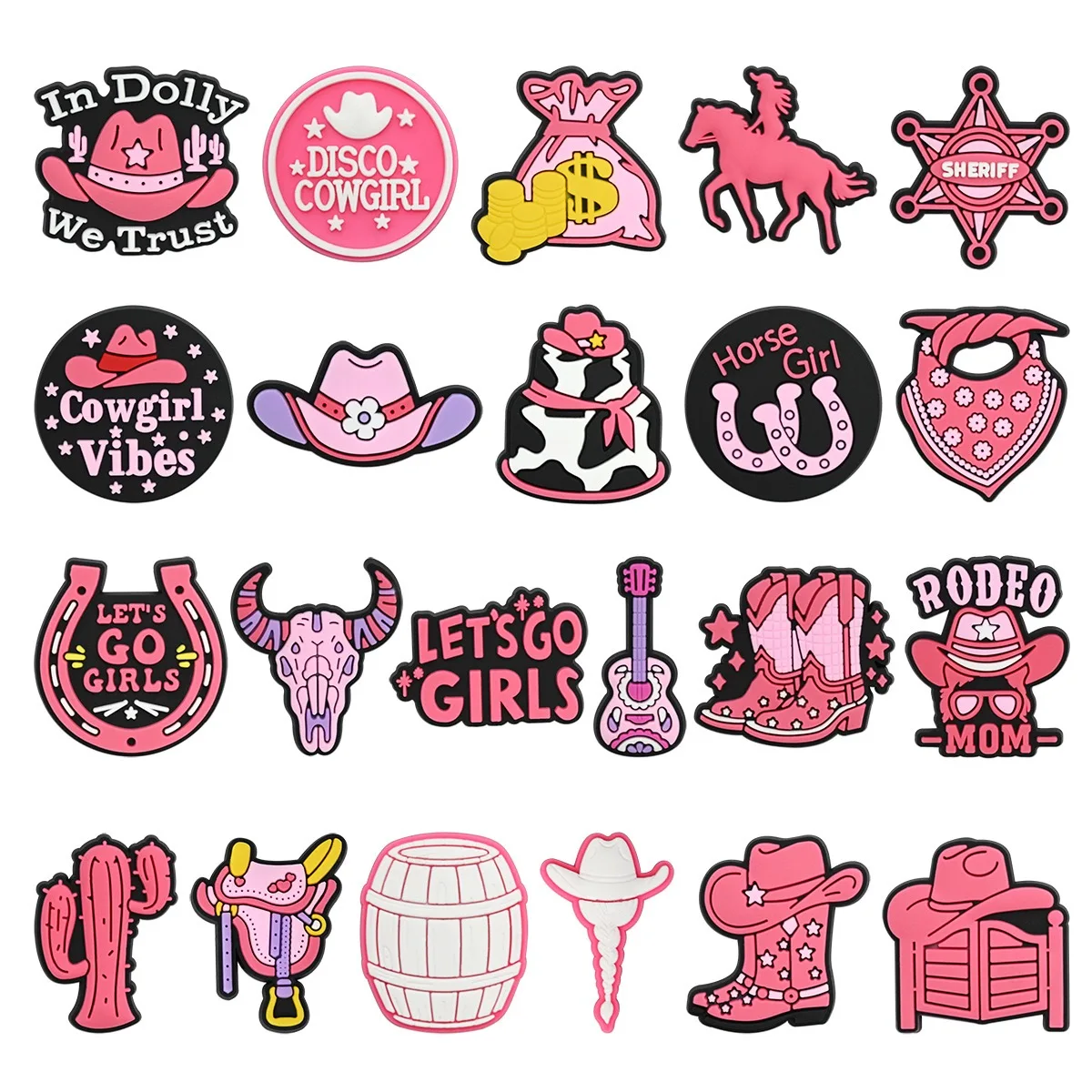 22Pcs Pink Cowgrils Shoe Charms Cowgirl Western Clogs Slides Shoe Accessories DIY Shoe Decoration Buckle for Women Girl Gifts