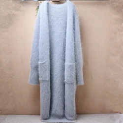 Ladies Women Autumn Winter Clothing Grey Hairy Mink Cashmere Knitted Long Sleeves Angora Fur Long Sweater Cardigans Mantle Coat