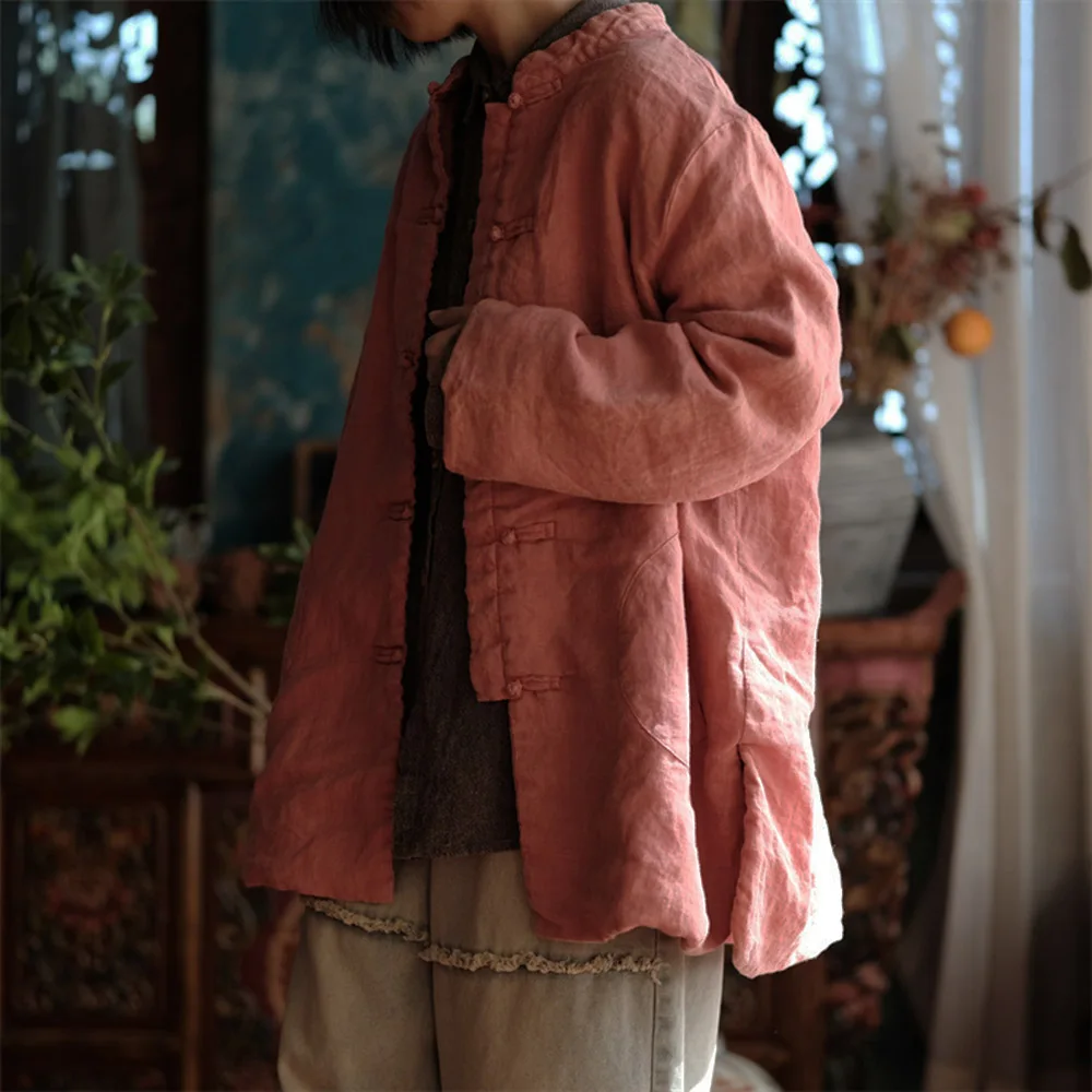 Women's Quilted Lightweight Jacket Loose Retro Casual Outerwear Ramie Frog Button Padded Chinese Style Tang Suit Autumn winter