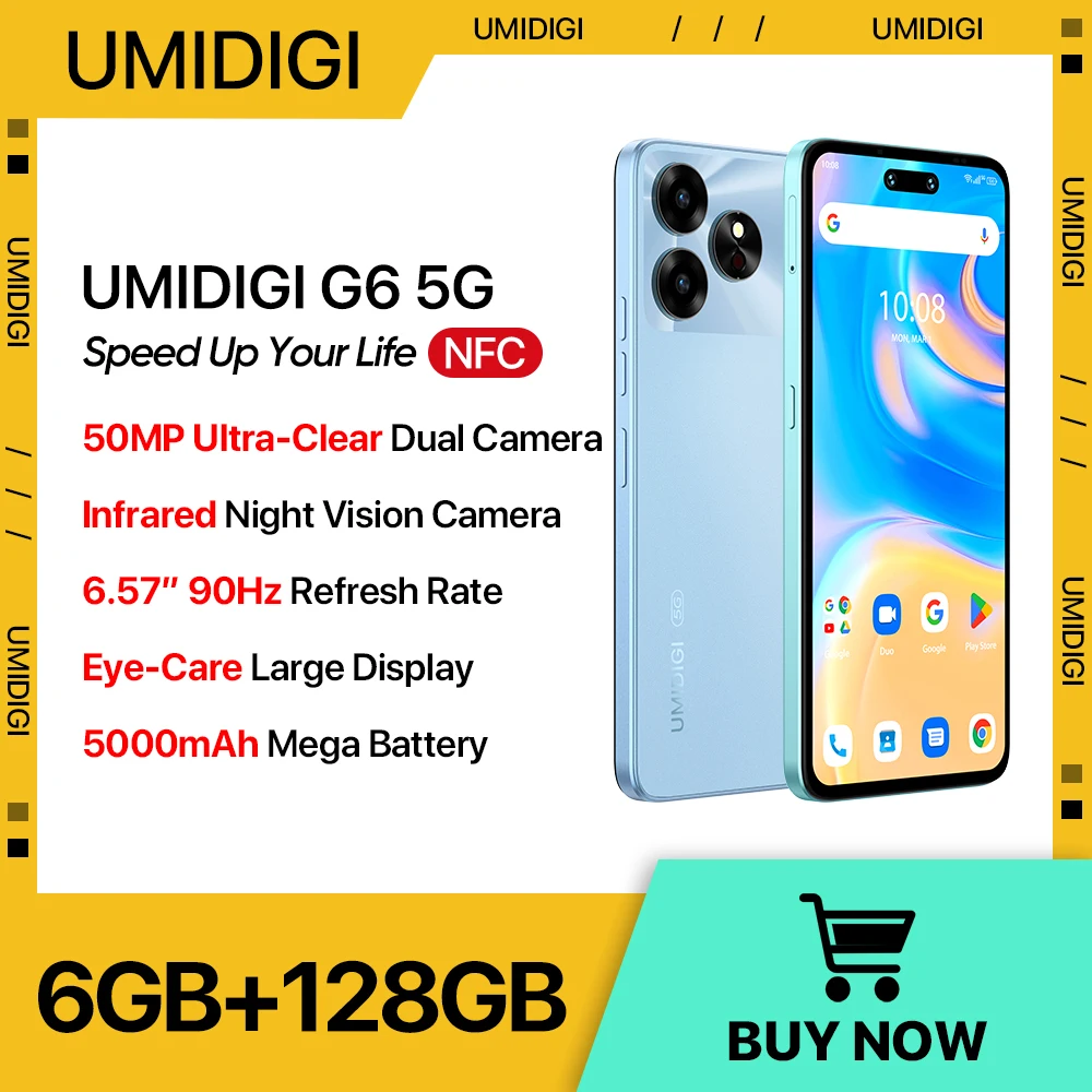 UMIDIGI G6 5G Mobiltelefon Android 13 Abmessungen 6100+ 8-Core 6,57 Zoll 90 Hz 50 MP Infrarot-Nachtsicht-Doppelkamera 6 GB 128 GB Smartphone