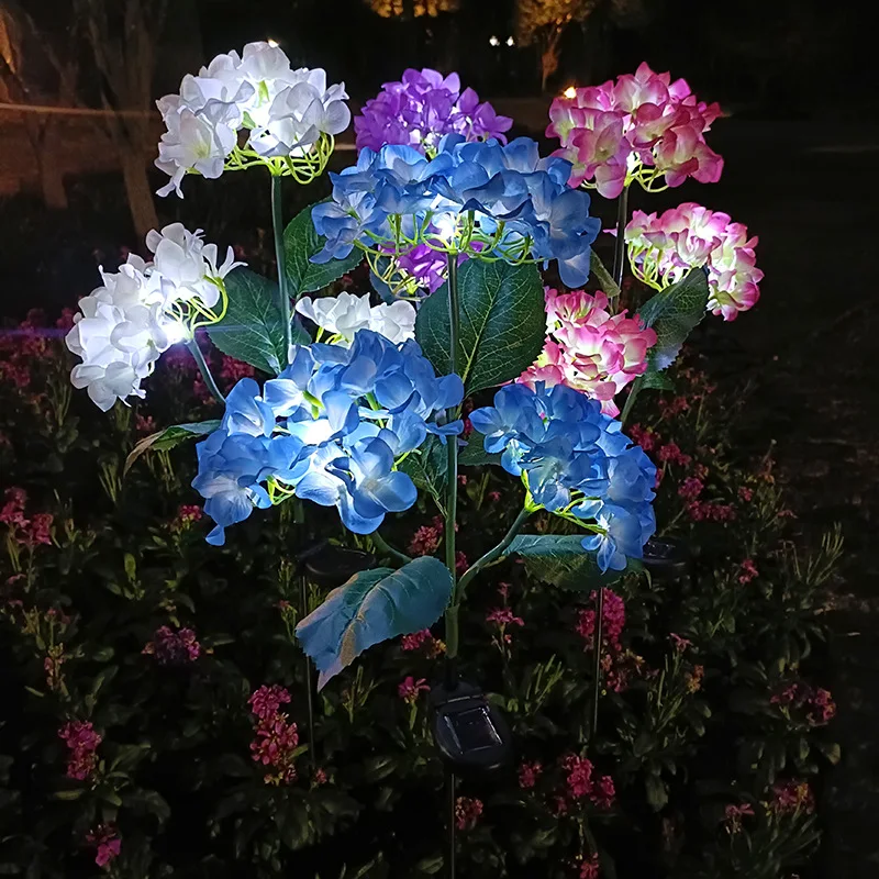 LED Solar Rose Hydrangea Garden Lamp Outdoor Chrysanthemum Lamp Simulation Flower Yard Patio Lawn Path Christmas Wedding Lights