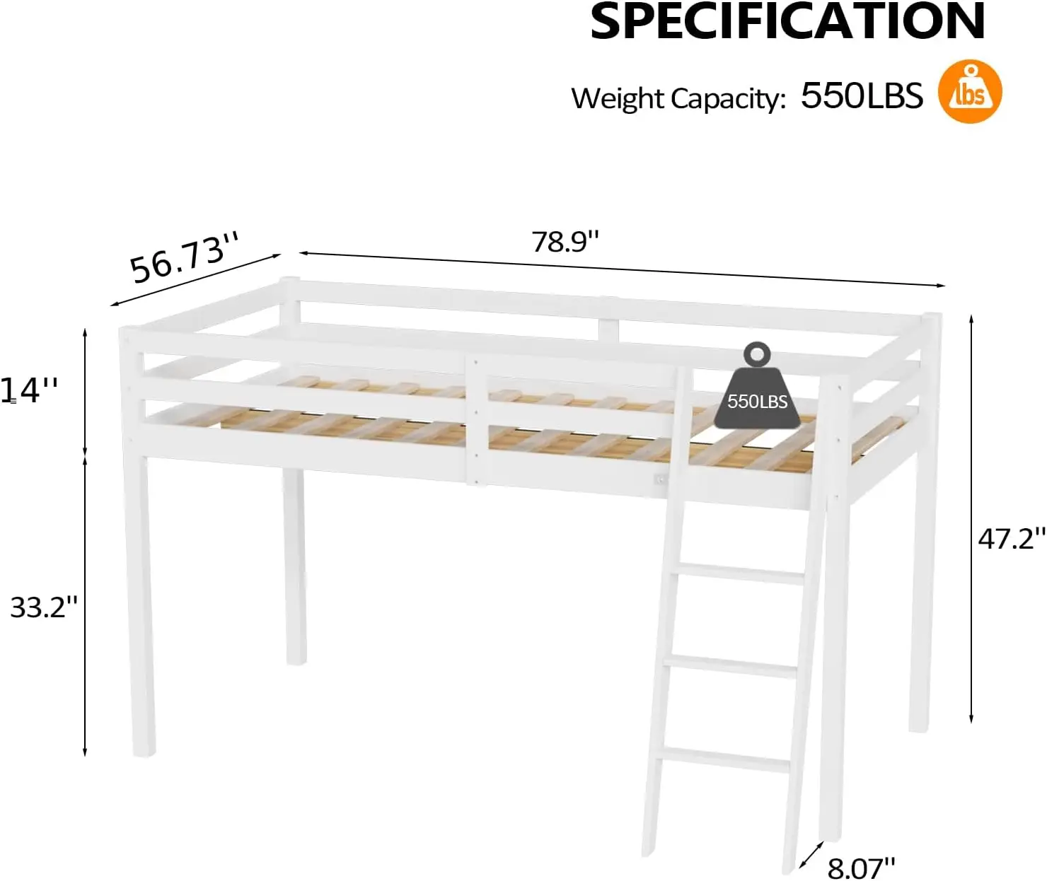 Junior Low Loft Bed with Stairs, White Wood Loft Bed Full Size for Adults, Kids and Young Teens, No Box Spring Required,Wood Sla