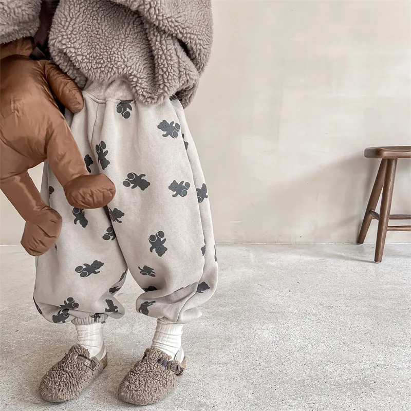 Winter Boys and girls cartoon bears inner fleece sweatpants Children thicken warm loose Trousers