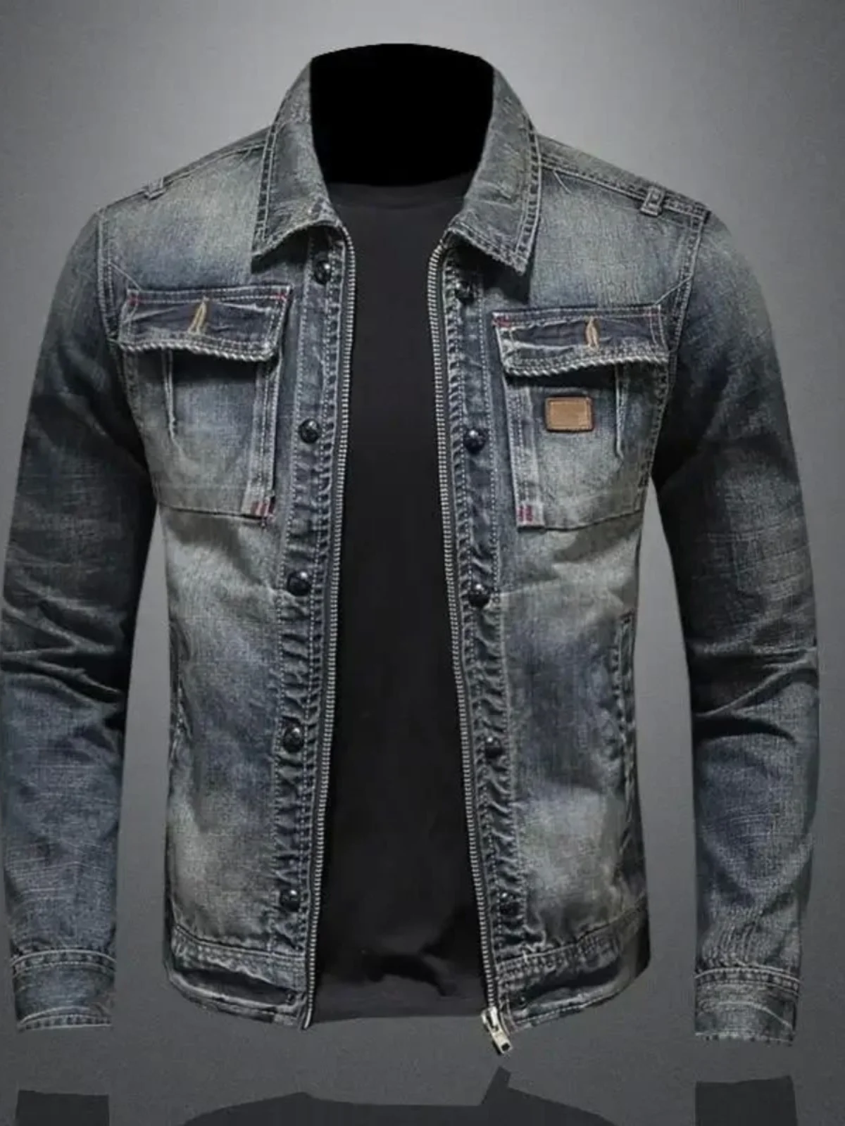 

Men's Casual Denim Jaet Workwear Korean Sle Stand Fit Long Sve Zipper Closure Outerwear for Daily Wear