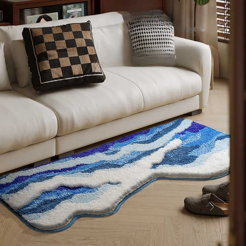 Aesthetic Wave Tufted Carpet Bathroom Antislip Rug Ocean Sea Tufting Plush Carpet House Livingroom Decoration Bedside Area Rug