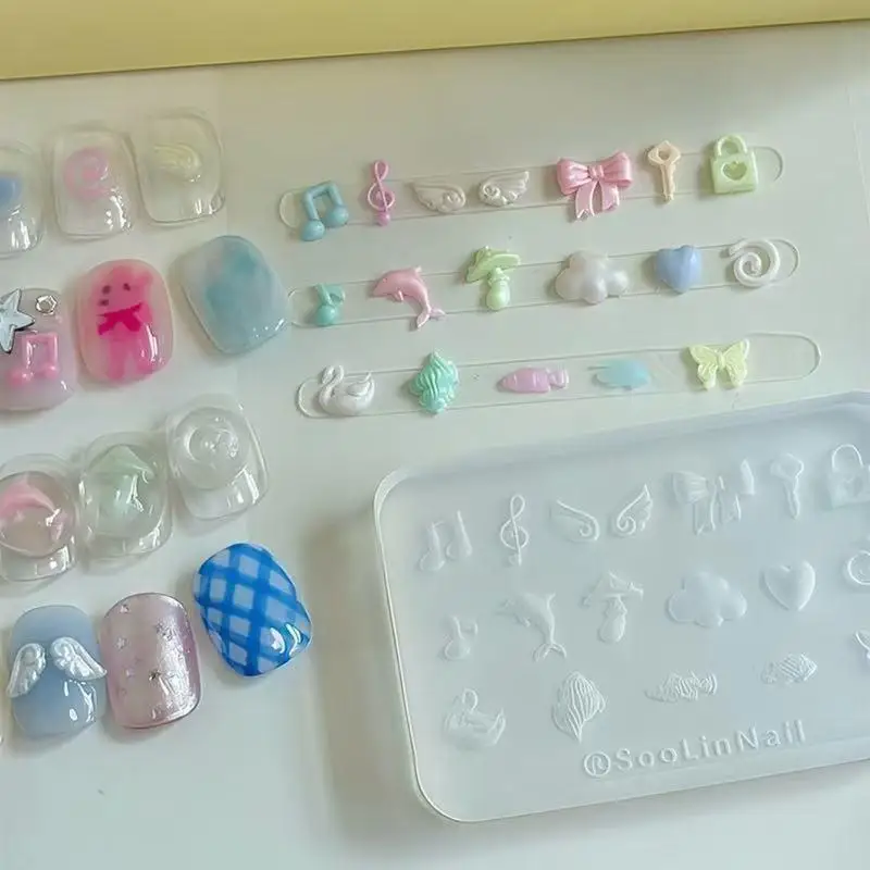 【B】Y2k Dolphin Musical Note Silicone Nail Mold Cartoon Puppy Bowknot Nails Templates DIY Manicure Nail Art Decor