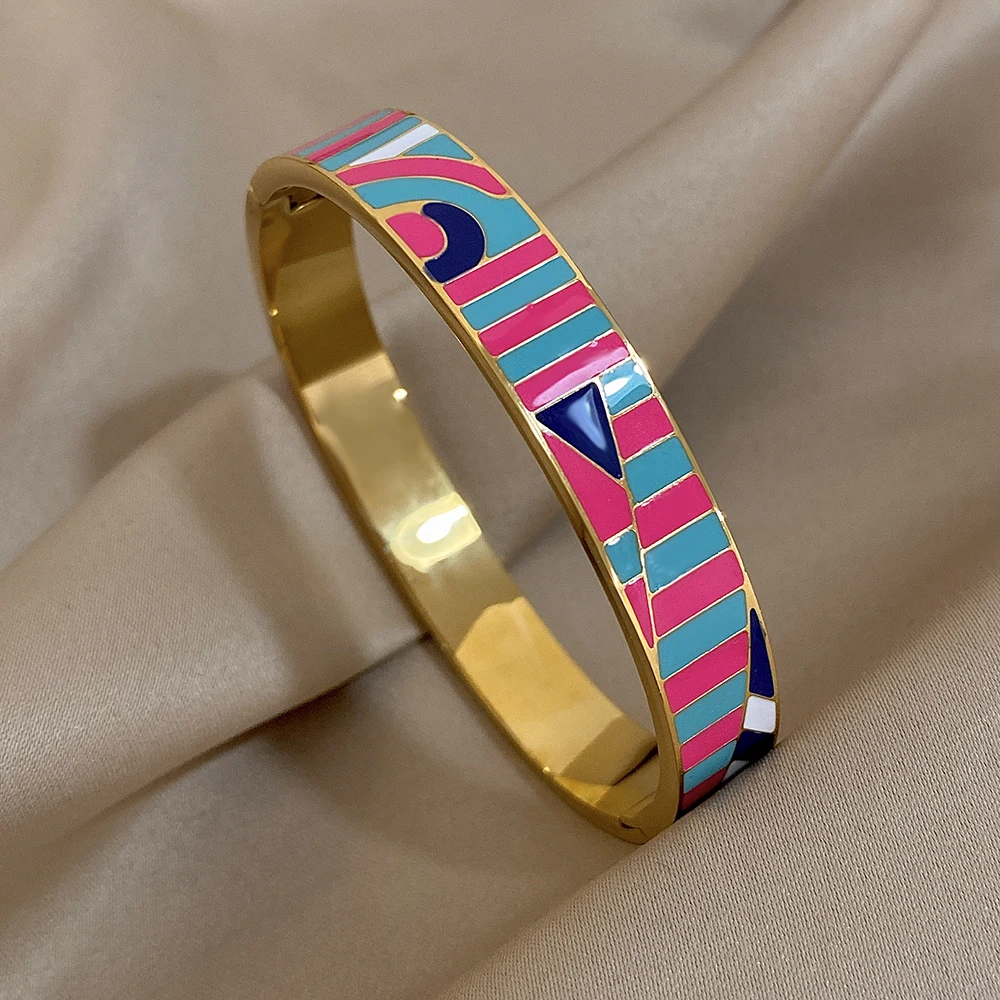 Greatera Vintage Enamel Stainless Steel Cuff Bracelet Bangle for Women Colorful Pattern Pulseras Gold Plated Party Jewelry