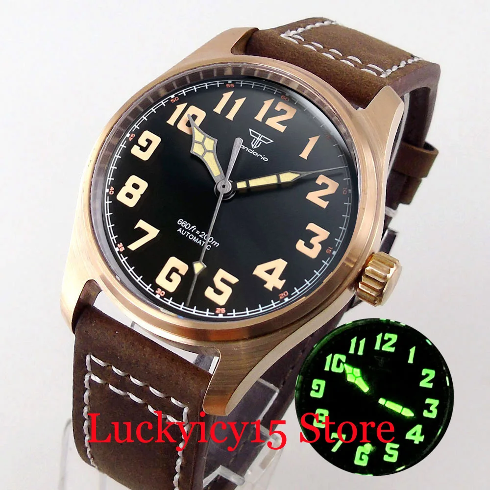 Tandorio Automatic Pilot Watch 39MM Japan NH35/PT5000 Movement Wristwatch Leather Strap Sapphire Green Lume Vintage Black Dial