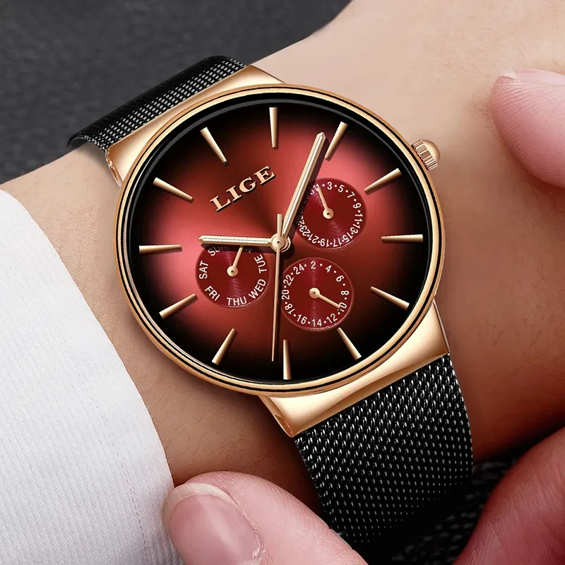 LIGE New Fashion Man Watch Luxury Business Quartz Watches for Men Ultra-thin Mesh Steel Belt Waterproof Wristwatch Sports Clocks