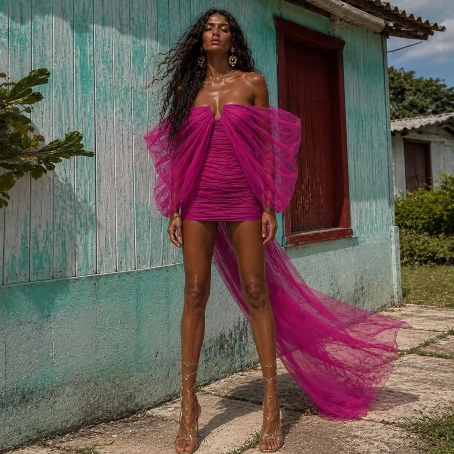 

Striking Magenta Off Shoulder Tulle Mini Dress With Detachable Long Train Ruched Bodycon Formal Cocktail Party Evening Gown