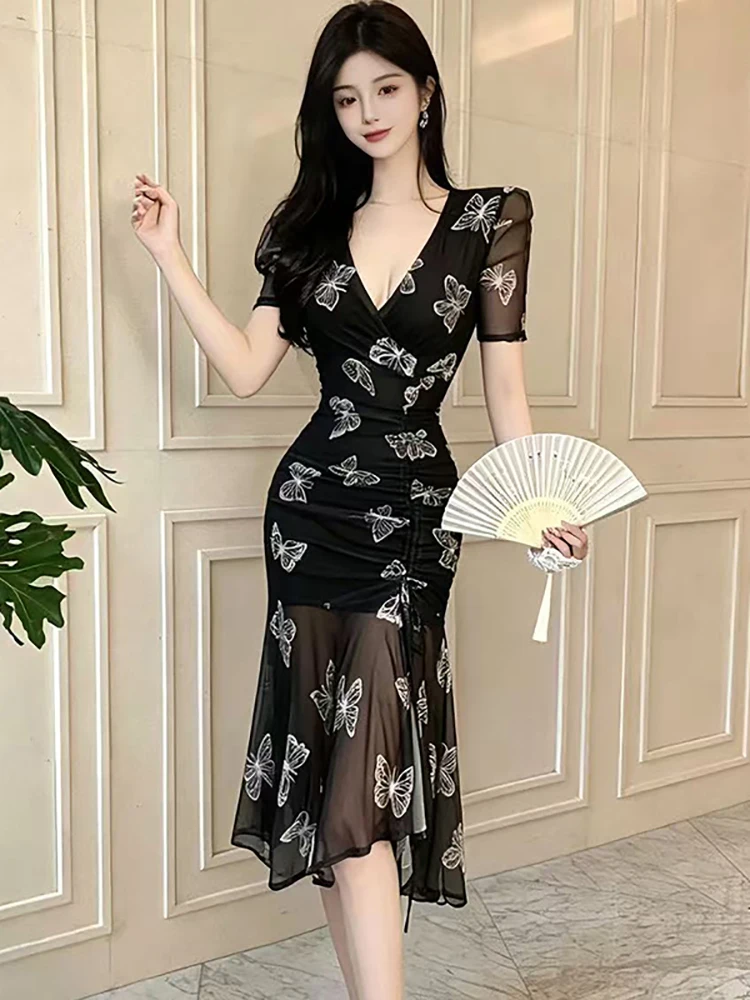 2026 Black Mesh Print Short Sleeve V-Neck Dress Women Elegant Bandage Pleated Bodycon Dress Summer Korean Vintage Luxury Dresses