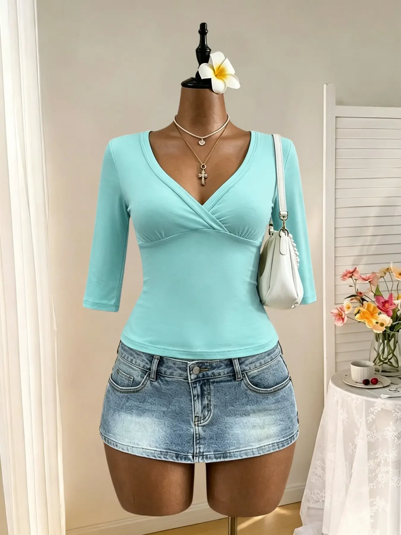 Women Deep V Neck Wrap Cross Front 3/4 Sleeve Slim Fit Cropped Blouse Solid Fitted Casual Daily Going‑out Tops