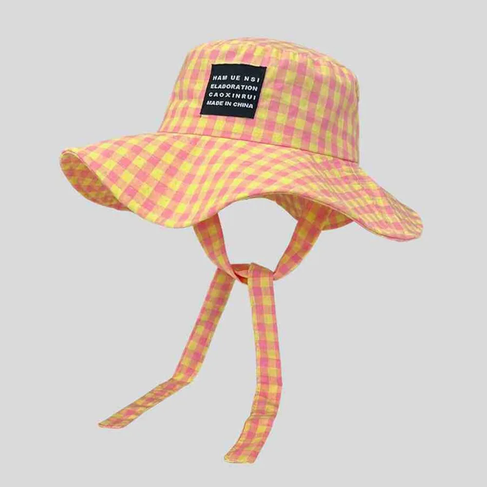 

Fashion Sun Protection Hiking Fisherman Hat Small Lattice Big Brim Plaid Hiking Cap Sunshade Sunscreen Drawstring Sun Hat Summer