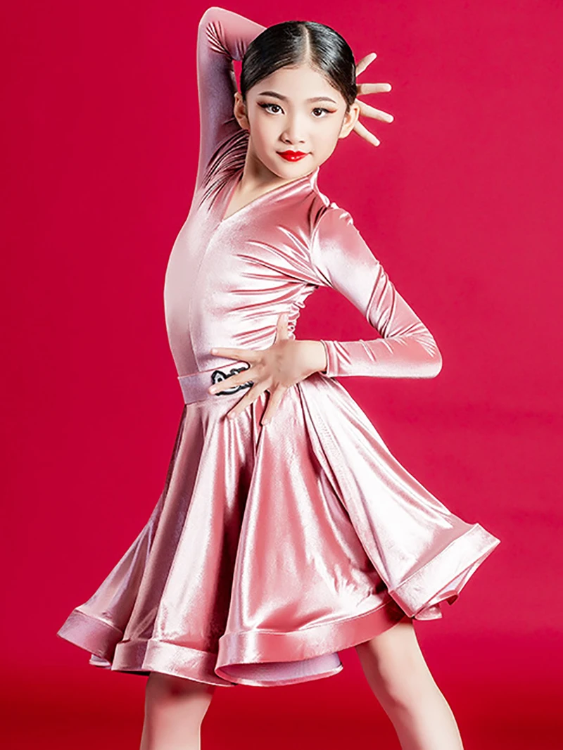 Velvet Lolita Children Professional Latin Dance Dress Kids Girl V-Neck Bodysuit Skirt Suit Ballroom Dancing Rumba Chacha Costume