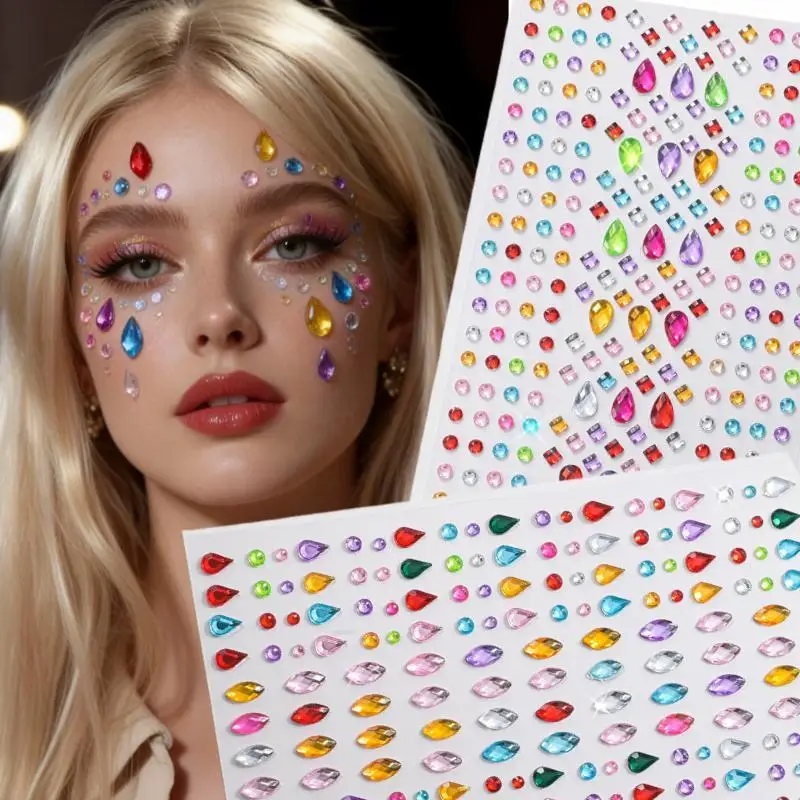 1 Sheet Self-Adhesive Teardrop & Heart Rhinestone Face Gems Stickers Makeup Eye Decals with Multi-Color Face Jewels for Women