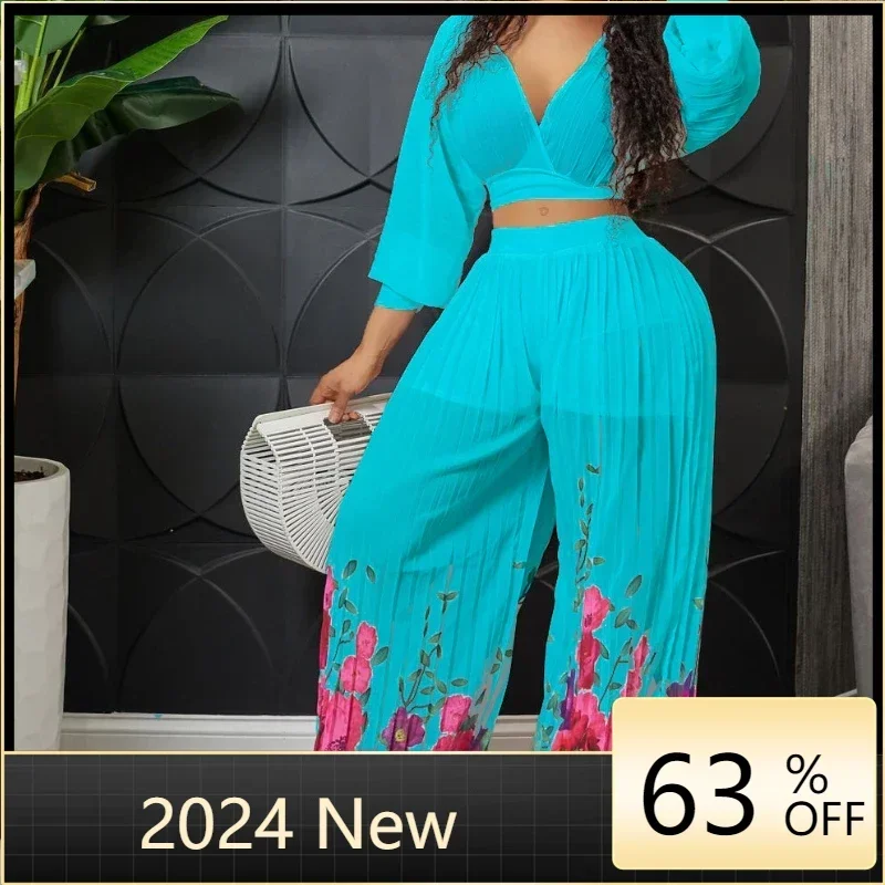 

Plus Size 2024 Fashion Set New Women'S V-Neck Bat Sleeves Chiffon Top Folded Wide Leg Pants Two Piece Set Large Women'S Set