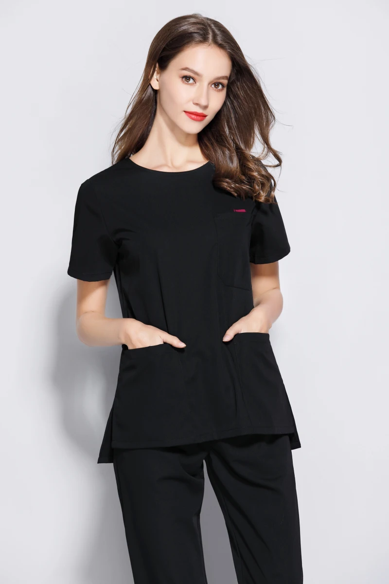 Women's Summer Round Neck Short Sleeve Scrub Uniforms Dental Clinic Hospital Black Working Clothes For Doctors Cleaning Workwear