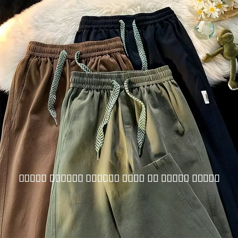 

Японские уличные брюки с эластичной резинкой на талии, прямые рабочие брюки, мужские весенне-осенние повседневные свободные широкие брюки, простые с...