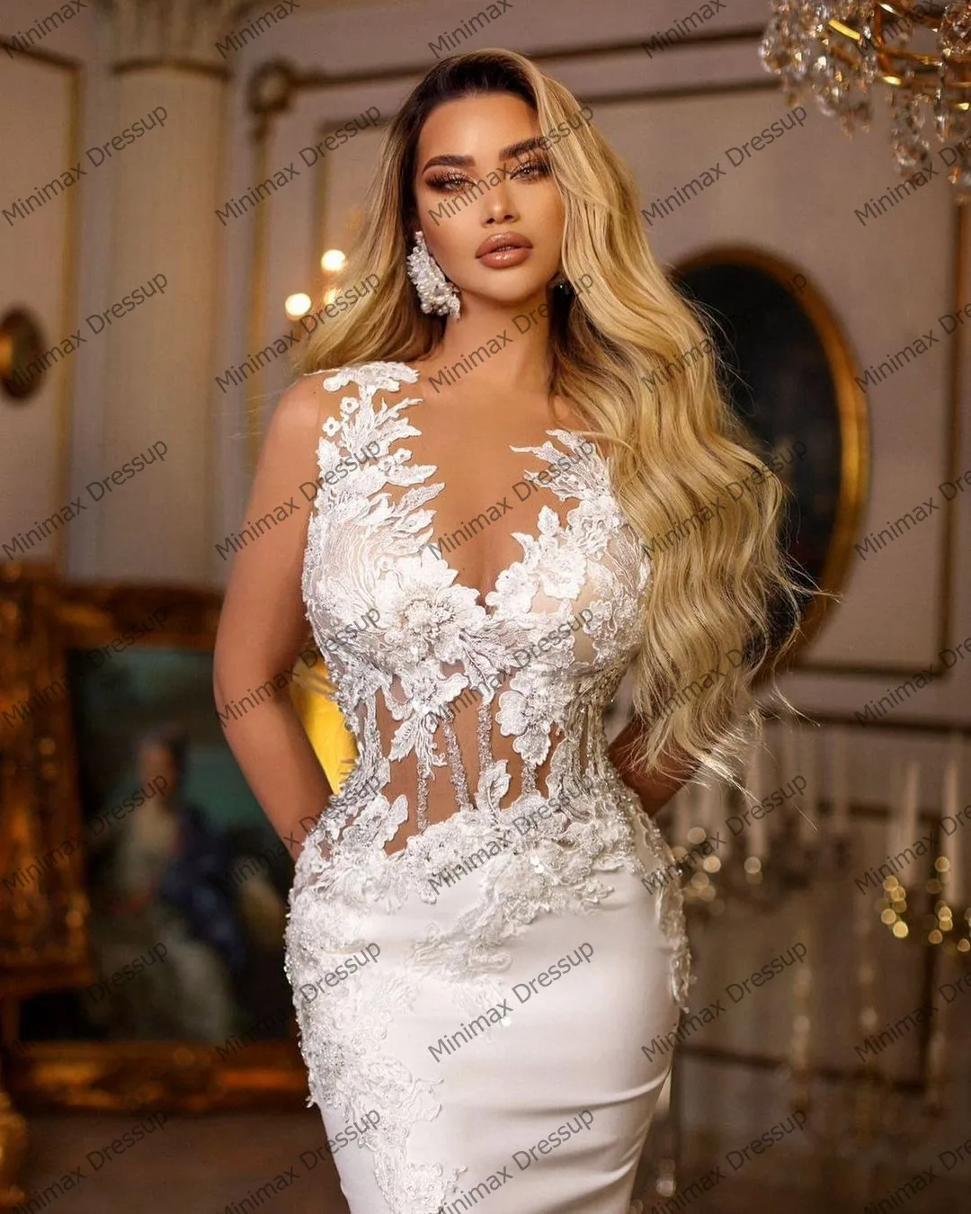 Newest Flowers Appliques Mermaid Wedding Dress See Thru V Neck Satin Long Bridal Dresses Sleeveless Lace Wedding Gown With Train