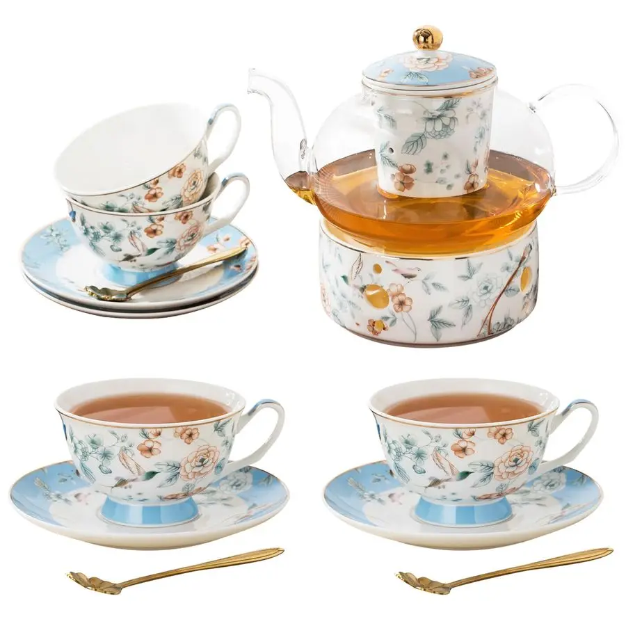 

Фарфоровый чайный сервиз, серия Blue Floral, 4 чашки и блюдца с чайником, подогревом, фильтром и ложкой, 16 предметов