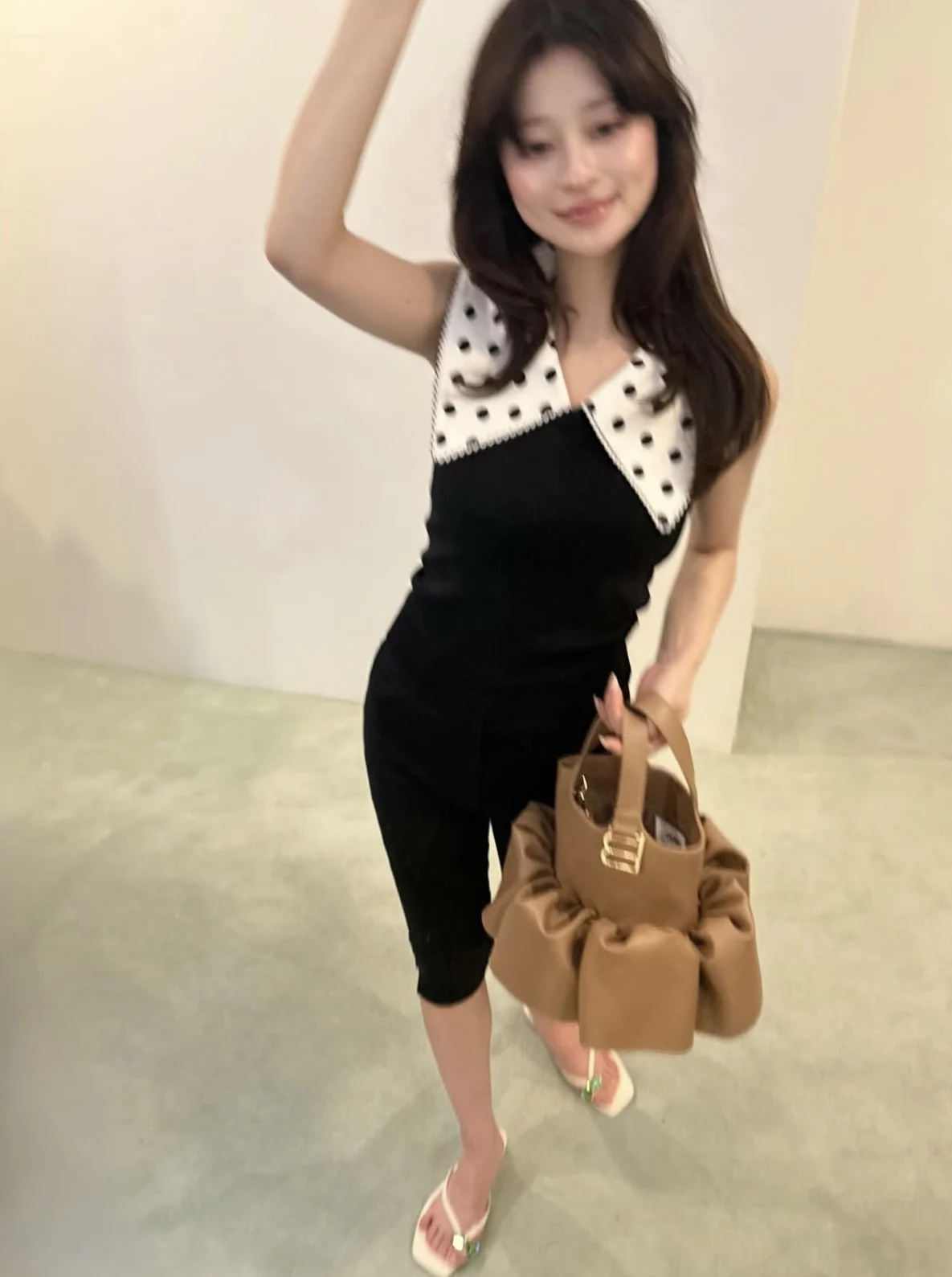 Polka Dot Splice Knitted Top Women's Slim Fit V Neck Sleeveless Summer Fashion Commute Style Letter Print Regular Length