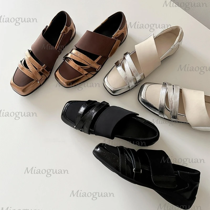 Elegant Ballet Flats Shoes Elastic Band Square Toe Woman Casual Footwears Roma Retro Thick Heels Female Breathable Loafers