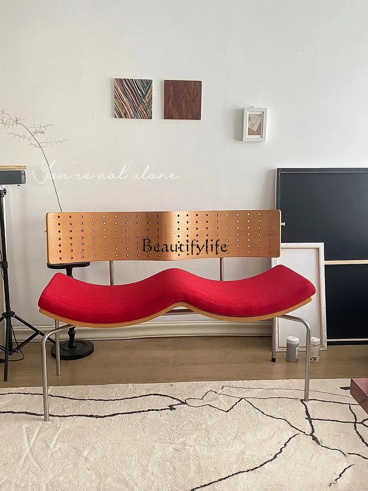 

Mid-Ancient Silent Wind Wave Chair Living Room Double Sofa Vintage Solid Wood Biscuit Hole Dining Chair