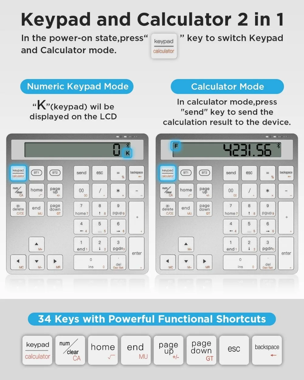 لوحة مفاتيح أرقام لاسلكية قابلة لإعادة الشحن مع بلوتوث مزدوج، شاشة آلة حاسبة مكونة من 34 مفتاحًا لجهاز Windows Mac PC Tablet #4