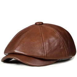 Béret en cuir de vachette octogonal rétro pour hommes, chapeau en cuir véritable, casquettes Snapback, mode élégante, langue étudiante, automne