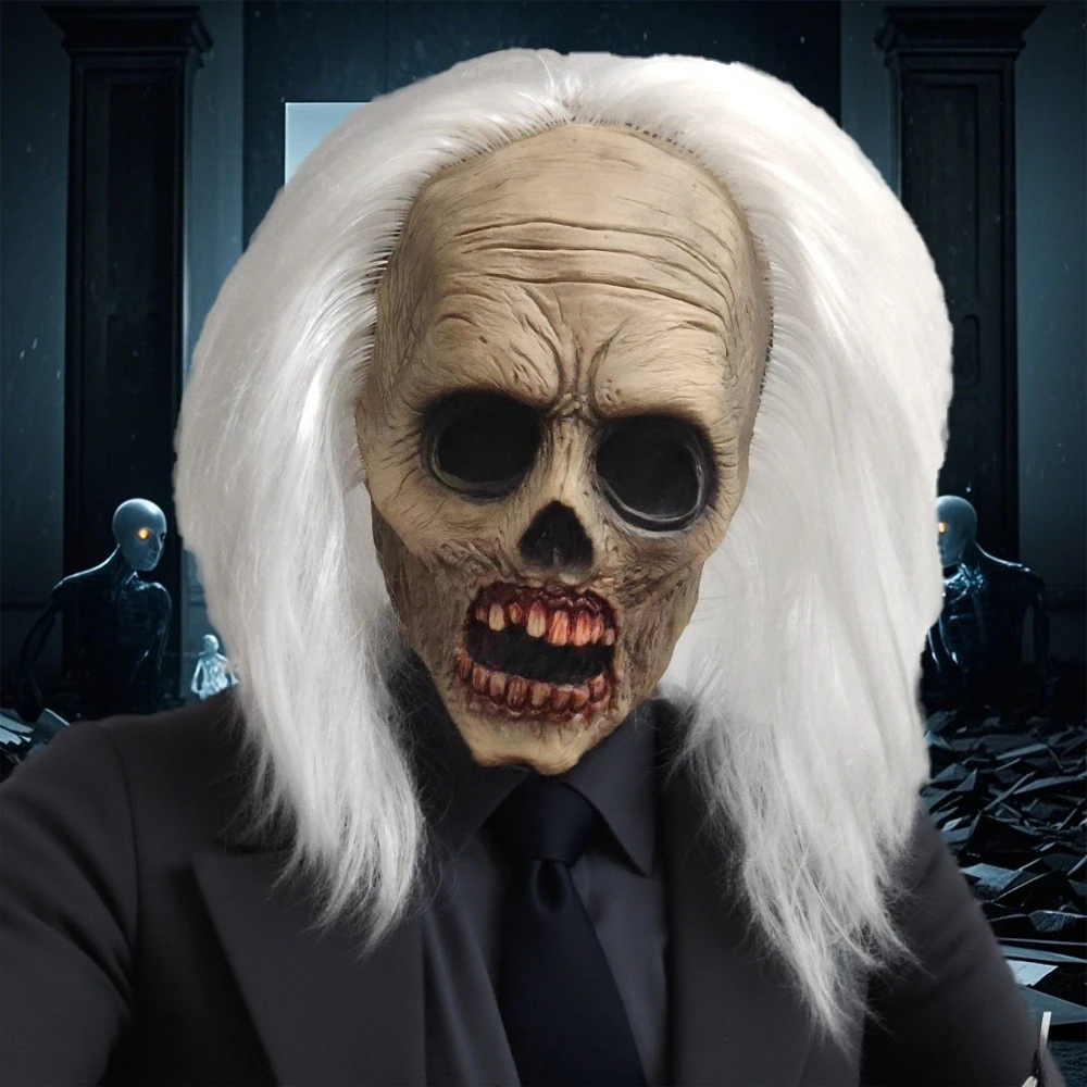 

Scary Zombie Skull Mask Realistic Latex Full Head Cover with White Hair Halloween Cosplay Party Props Carnival Dress up Helmet