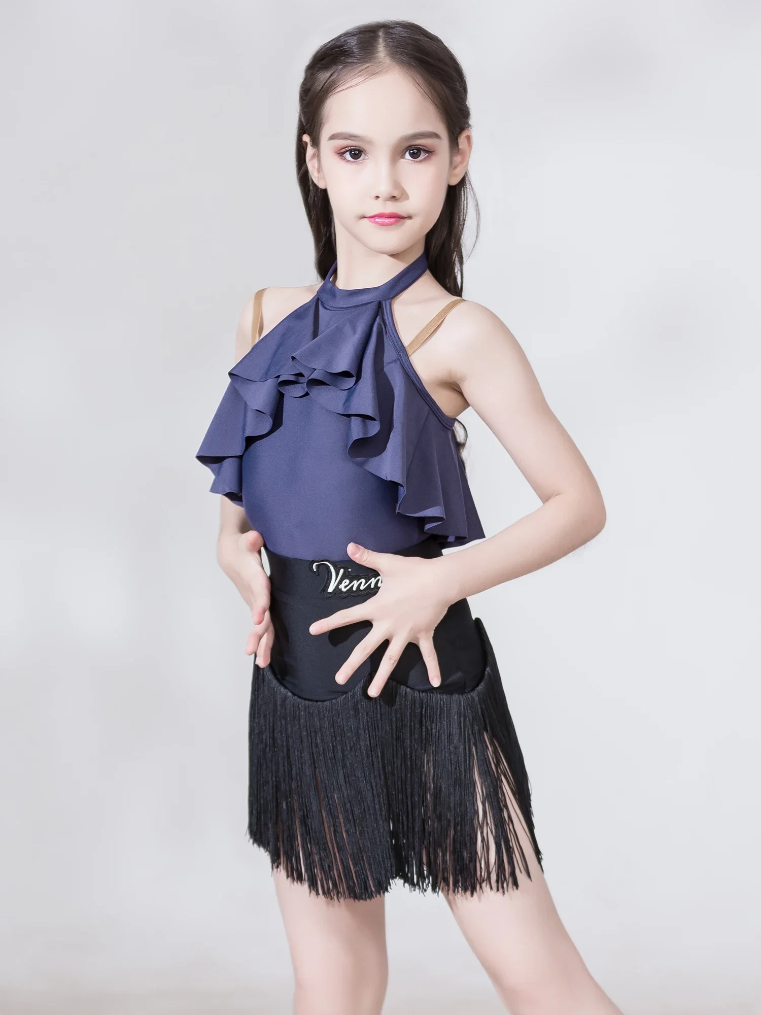 

Vennystyle Latin Dance Dress Women Dance Training Straps Fringe Skirt Lace Accents Open Back Design ballroom dance costumes