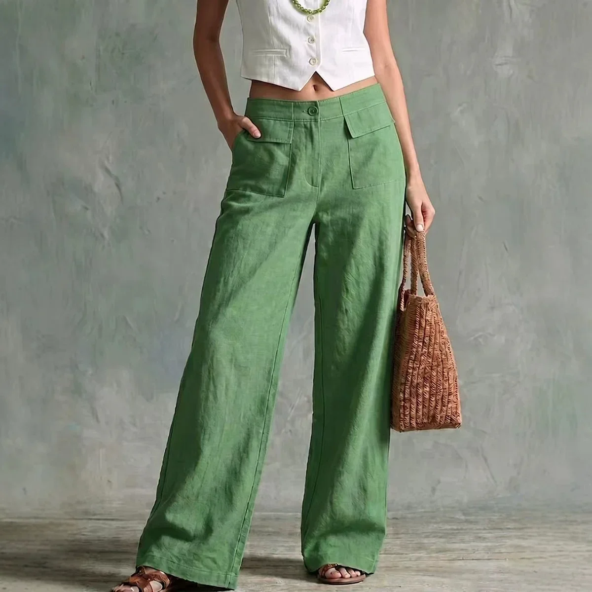 Comfortable Pure Color Loose Casual Wide Leg Pants Women's Fashionable Loose Long Pants Linen Material High Waist Straight Leg