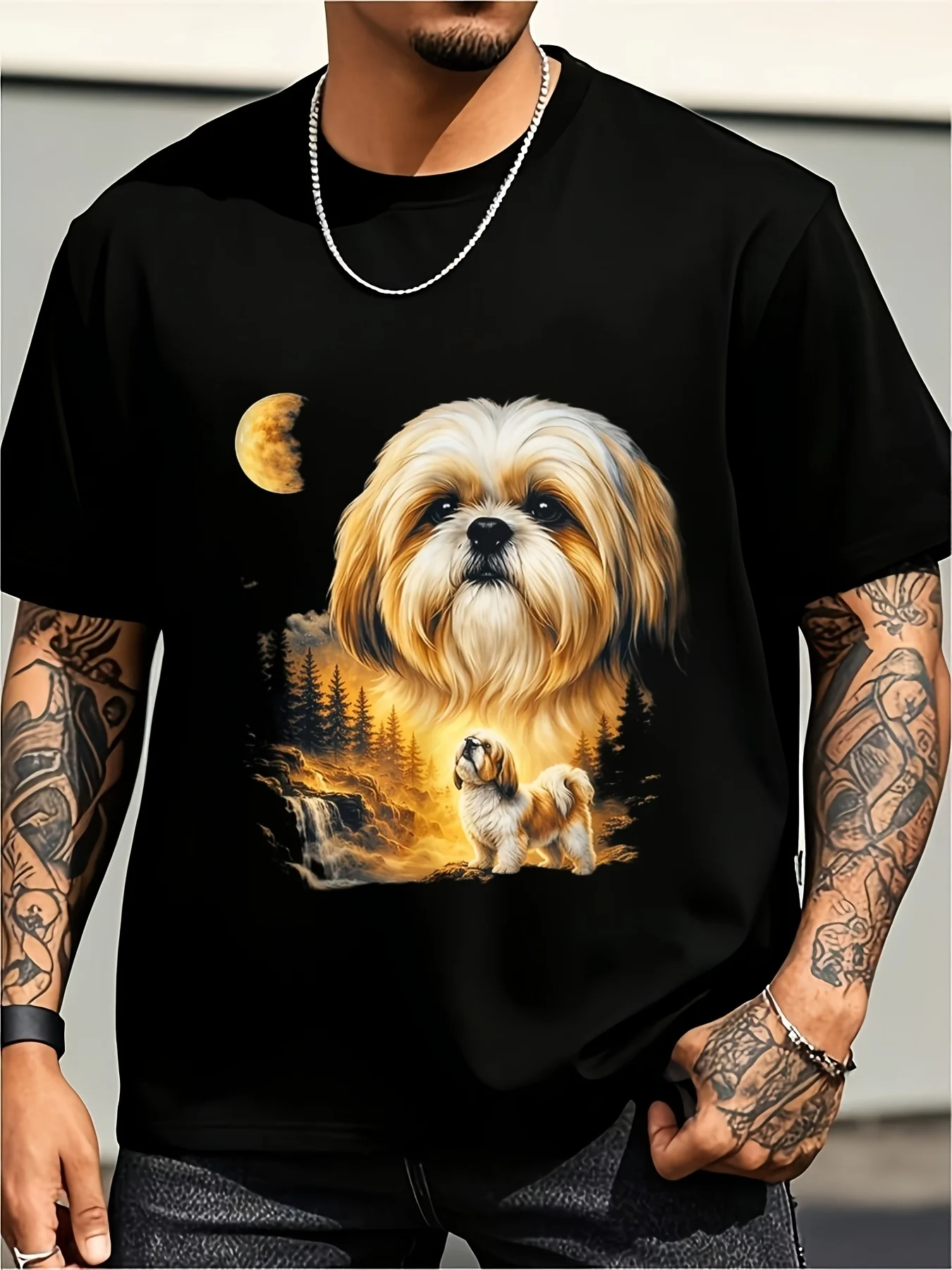 Westie Dog Barking under the Moon Vintage 90S Fun Dog Graphic T-Shirt Plus Size Retro Casual Round Neck Printed T-Shirt Unisex